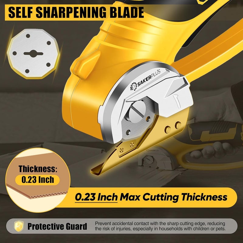 SakerPlus Cordless Electric Scissors, 4V Cardboard Cutter, Box Cutter - 2 Blades, 1 Storage Bag, Safety Lock & LED Light, Rechargeable Power Rotary Cutter for Box Carpet Fabric Plastic Leather - Image 2